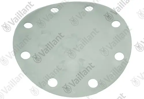 VAILLANT Flansch VIH RW 200, Vaillant-Nr. 0020214440, graue, runde Dichtung mit Löchern und Firmenlogo